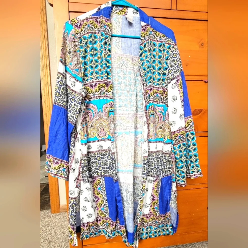 Chico's Linen Open Cardigan XL/16 3 Boho Patchwork Blue Green - Picture 1 of 5
